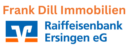 Das Logo von Frank Dill Immobilien steht über dem Raiffeisenbank Ersingen eG Logo, beide mit blau-oranger Schrift und einem blauen Icon