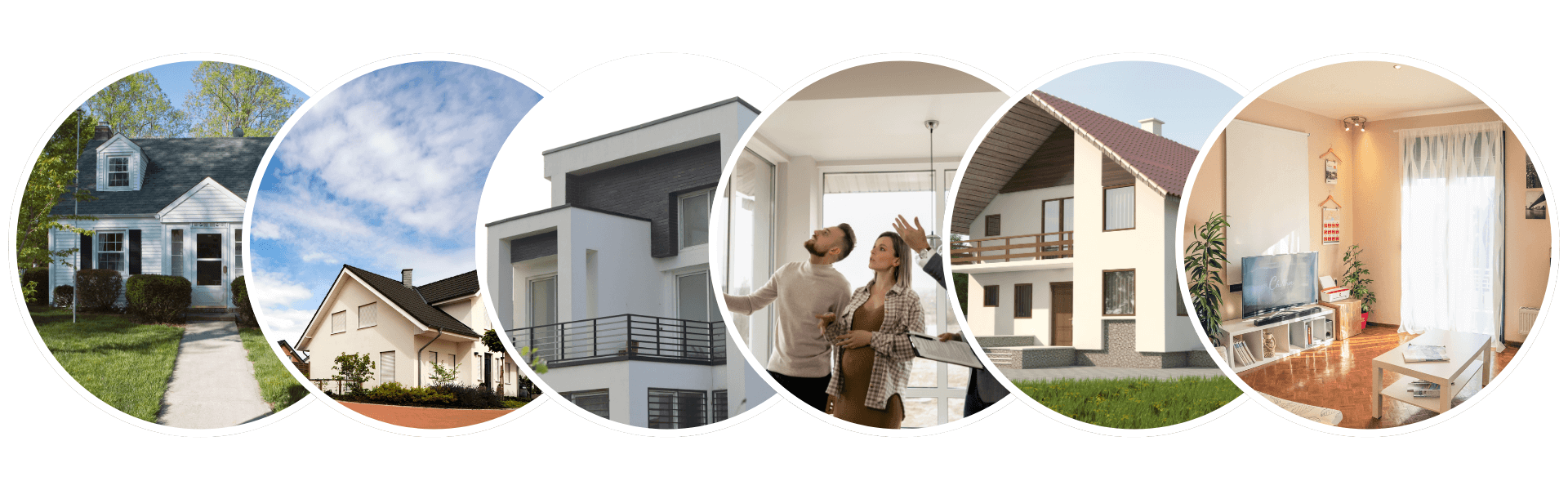 Eine Collage mit verschiedenen Häusern und Einrichtungen, darunter Hausfassaden, moderne Wohnungen und ein gemütliches Wohnzimmer