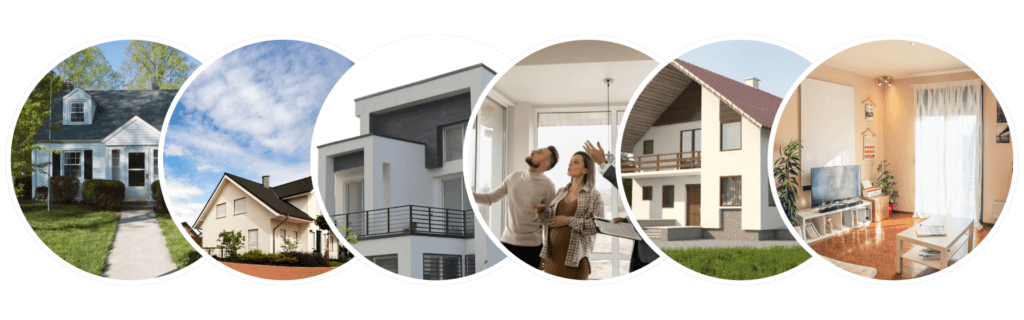 Eine Collage verschiedener Häuser und Innenräume mit traditionellen, modernen und gemütlichen Stilen, während Menschen ein Haus besichtigen