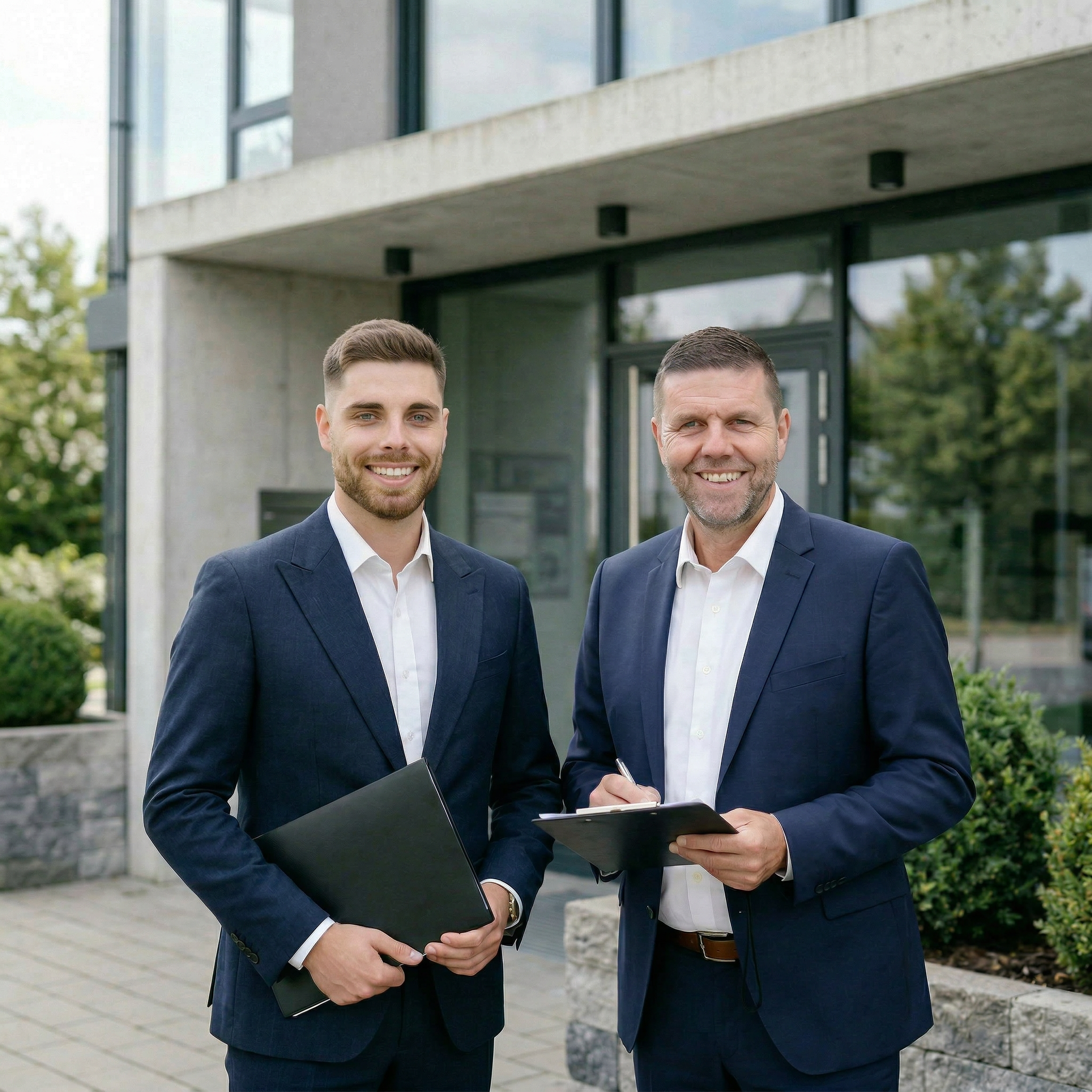 Zwei Männer im Anzug stehen lächelnd vor einem Bürogebäude und halten Mappen sowie ein Klemmbrett in den Händen
