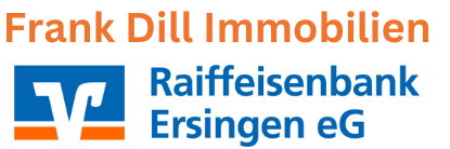Das Logo zeigt Frank Dill Immobilien über dem Logo und Namen der Raiffeisenbank Ersingen eG, gestaltet in Orange und Blau