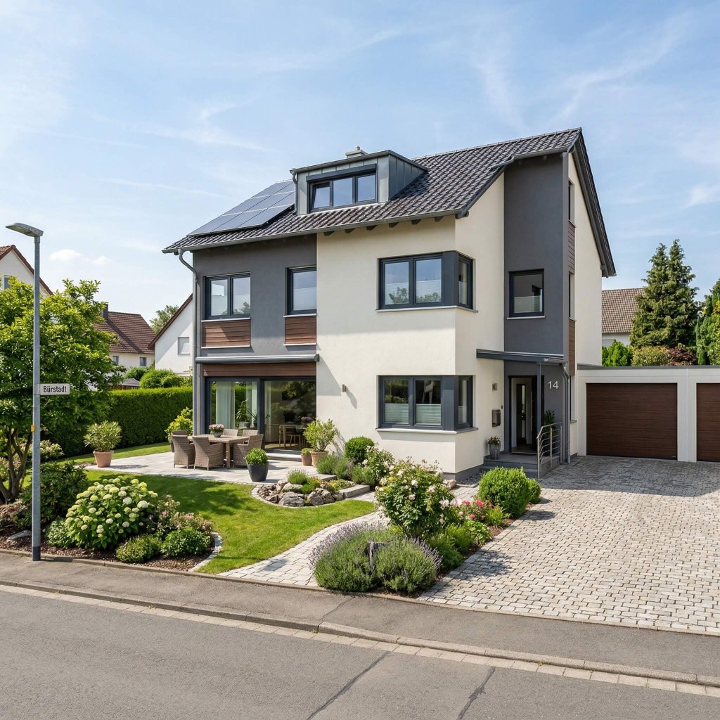Modernes zweistöckiges Haus mit Garten, Terrasse und Auffahrt in einer ruhigen Wohnstraße mit Garagen