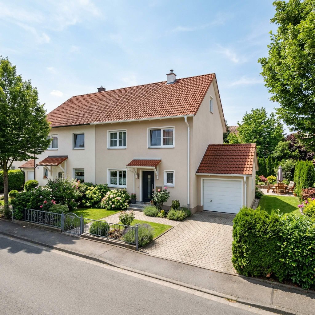 Zweistöckiges Haus mit rotem Ziegeldach, Garage, Garten und grünem Rasen an einem sonnigen Tag in einer ruhigen Wohngegend