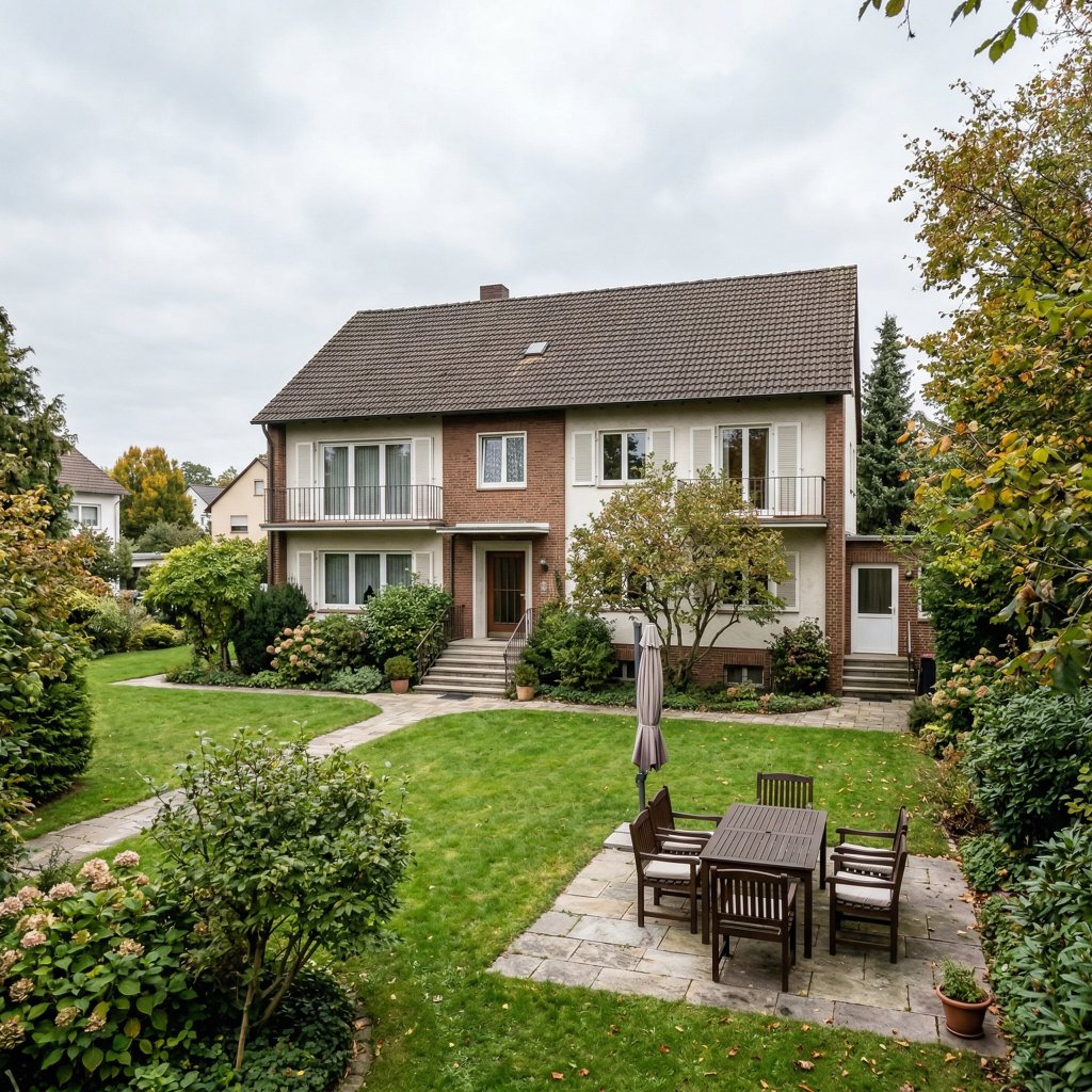 Zweistöckiges Haus mit Backstein- und weißer Fassade, grünem Garten ringsum und Essplatz auf einer Stein-Terrasse
