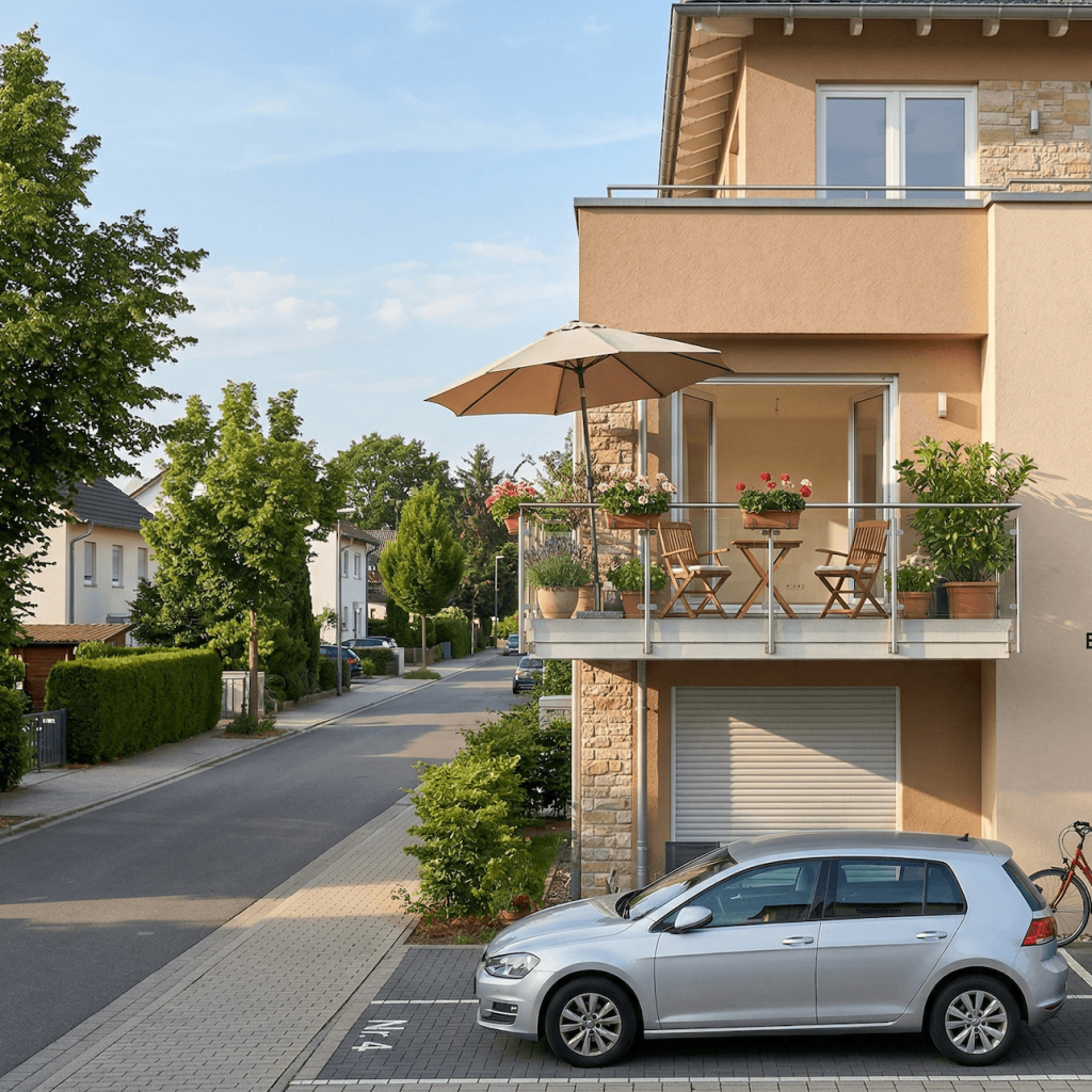 Ein silbernes Auto steht vor einem modernen Haus mit Balkon, Gartentisch, Stühlen und Blumen auf einer ruhigen Wohnstraße